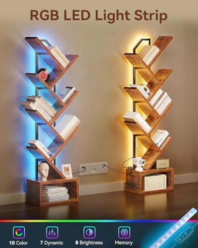 Casaottima Tree Bookshelf with LED Lights, 6-Tier Small Bookshelf, Vintage