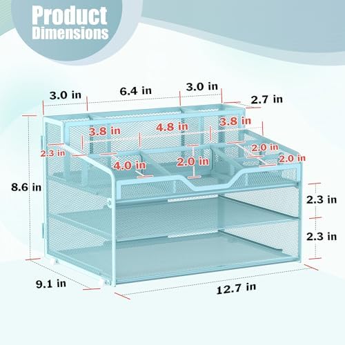 Docnest 3 Tier Mesh Desk Organizer with Letter Tray & Paper Sorter, Blue