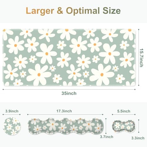 Desk Mat Gaming Mouse Pad, Cute Desk Matt Keyboard Wrist Rest for Desktop, Anti-Slip Big Mousepad Stitched Edges, XXL Large Mouse Pad with Wrist Support for Home Office Computer I Morandi Daisy
