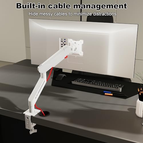 THEARK Single Monitor Desk Mount 17"-32" Screens - Adjustable Mechanical Monitor Arm Computer Monitor Stand up to 19.8 lbs,VESA Arm Desk Mount with C-Clamp and Grommet Base,VESA 75x75/100x100mm,White