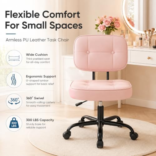 Armless Drafting Chair, Ergonomic PU Leather Home Office Computer Task Chair with Lumbar Support, Height Adjustable Swivel Rolling Chair for Small Spaces, Vanity, Bedroom, Study, Living Room, Pink