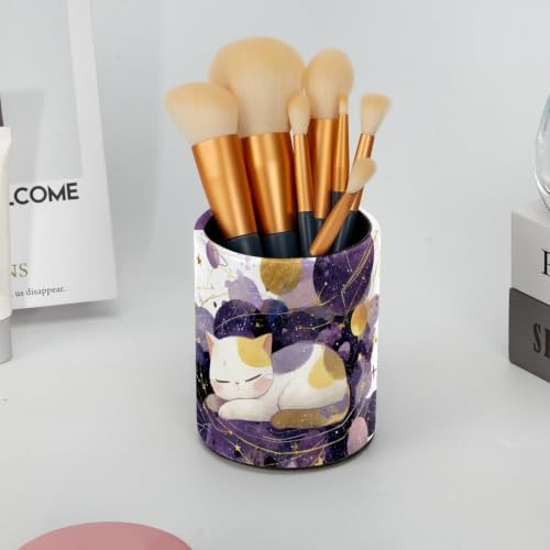 Leather Pen Holder for Desk, Space Cat Pencil Cup Pen Organizer Makeup Brush Holder for Office Home Kids Countertop Desk Accessory Storage