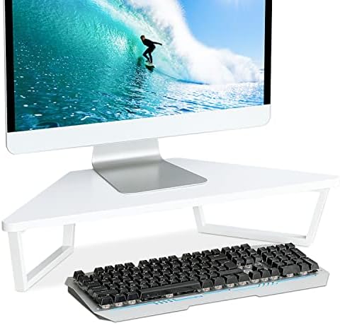 TEAMIX 26 inch White Triangle Monitor Stand Riser, Desktop Corner Shelf with Metal Leg Wood Computer Stand with Storage Laptop Riser Office Organization