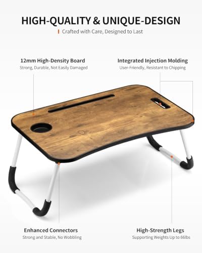 FISYOD Foldable Laptop Table, Portable Lap Desk Bed Table Tray, Laptop Stand with Cup Holder & Tablet Slot & Lifting Handle for Working Writing Drawing & Eating (Rustic Brown)
