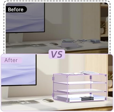 DALTACK 3 Tier Letter Tray Paper Organizer with Sliding Mesh Trays Purple