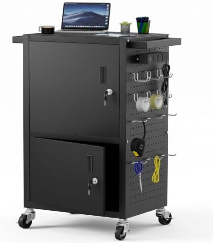 Mobile AV Cart Heavy Duty Computer Cart with 2 Locking Cabinets Rolling Media Cart with Outlets Pegboard Hooks Lock Brake Wheels Mobile Computer Workstation Perfect for Home Office