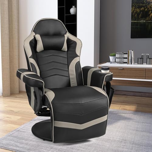 GYMAX Gaming Chair with Footrest, Massage Video Game Chairs for Adults with Remote, Adjustable Backrest, Headrest, Cup Holder & Side Pocket, Ergonomic High Back Office Computer Chair (Grey)