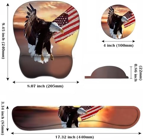 Ergonomic Mouse Pad Wrist Support and Keyboard Wrist Rest Set with Coasters, Non-Slip PU Base, Easy Typing & Pain Relief, Perfect for Home Office Working Studying, Patriotic American Flag Bald Eagle