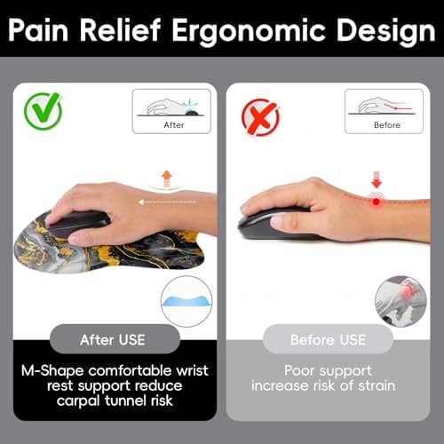 Wrist Support Mouse Pad Anti Slip Rubber Wrist Rest Mousepad 9in X 8in Small Desktop Notebook Mouse Mat for Working and Gaming (M-Black Golden Marble)