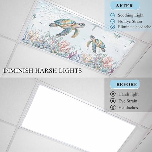 Watercolor Turtle Magnetic Fluorescent Light Covers for Ceiling Lights 2 x 4 Feet,Coastal Coral Seaweed Vintage Blue Office Classroom Kitchen Drop Ceiling Light Covers Filters Shade Panel 3 Packs