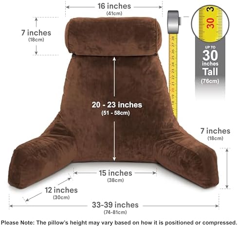 Husband Pillow XXL The Original for Adults - 30" Tall Backrest for Sitting Up in Bed - Firm Support Reading & Bed Rest Pillows for Adults, Neck Roll, Removable Cover - TV - Chocolate