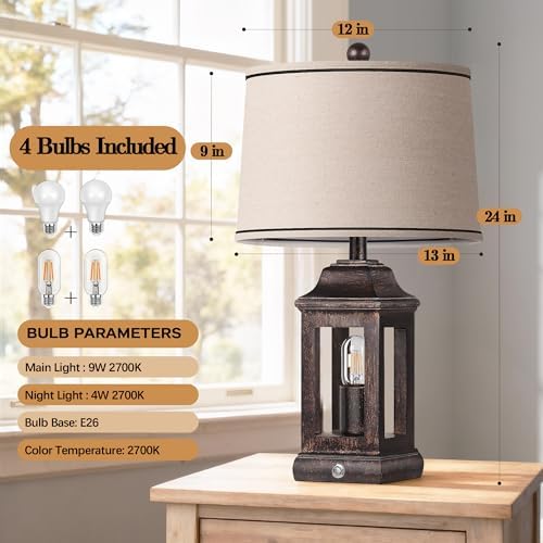 24" Rustic Farmhouse Table Lamps for Living Room, Single Pack Touch Dimmable Nightlight Vintage Bedside Lamps with USB A+C Ports & Dual Light Sources for Bedroom Nightstand End Table, Antique Black