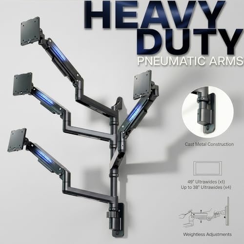 VIVO Quad Ultrawide Wall Mount, Heavy Duty Pneumatic Arm Monitor Station, Fits Four 38 inch Screens, Pneumatic Height Adjustment and 140lb Weight Capacity, Black, MOUNT-V400D