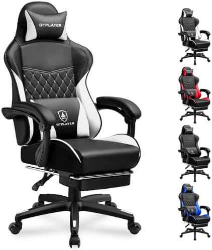 GTPLAYER Gaming Chair, High Back Leather Computer Gaming Chair with Footrest, Ergonomic Height Adjustable Office Chair with Removable Cover and Lumbar Support for Gaming & Work,White