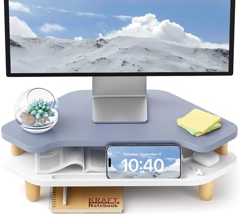 AFOOYO Monitor Stand Riser,2 Tier Corner Wood Sturdy 16.5In Computer Stand, Multi-Purpose Desktop Storage Stand for Laptop,PC,iMac,Printer,Computer,Blue