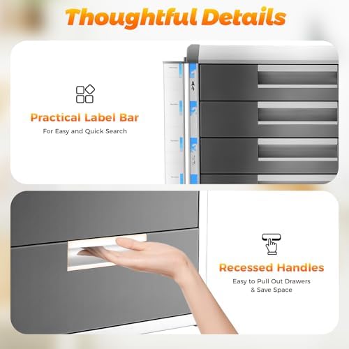 Desk Organizer with 5 Drawers, Metal Desktop Storage Cabinet with 2 Pcs Keys & Convenient Label, Desktop Filing Case Literature Organizer for Offices Homes, 13.7x12.4x15.9In
