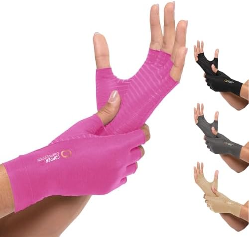 Copper Compression Arthritis Gloves | Fingerless Arthritis Carpal Tunnel Pain Relief for Men & Women | Hand Support Wrist Brace for Neuropathy, Rheumatoid, Tendonitis, Swelling, Crocheting Pink L