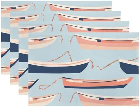 Nautical Small Boats Linen Placemats, Seaside Marine Table Mats for Table Washable Heat Insulation Thick Dining Mat, Indoor/Outdoor 12X18 in 4 Pcs