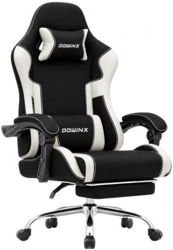 Dowinx Ergonomic Gaming Chair with Footrest & Massage Lumbar, 2D-Linkage Armrests for Computer Chair 330lbs with Headrest Pillow for Office, Home, Streaming and Long Gaming Sessions, Fabric White