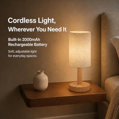 Small Rechargeable Cordless Table Lamp, Nightstand to Desk, Warm Oak