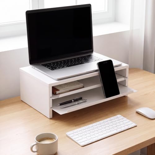 Fenge 14.3-Inch Monitor Stand with Slide-Out Trays, Wood & Metal Desk Shelf