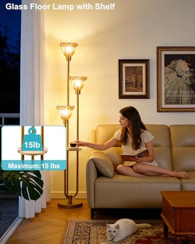 Lightdot Amber Flower Glass Floor Lamp with Table Gold Floor Lamp 3-Light