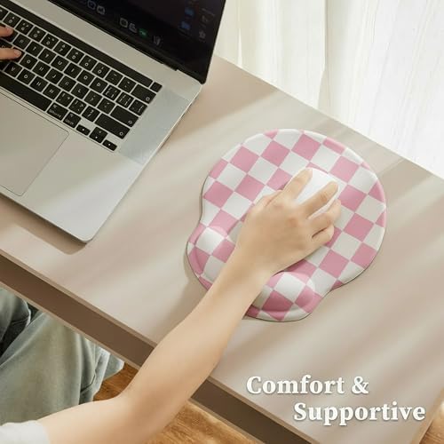 Ohocut Pink Checkered Mouse Pad with Gel Wrist Rest, Wrist Support, Ergonomic Desk Accessories for Girls Women, Office Laptop Gaming Decor, Cute Aesthetic Trendy Check Design