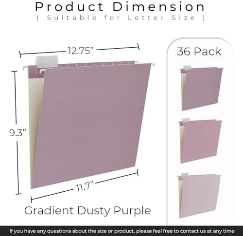 Y YOMA 36 Pack Gradient Hanging File Folders Letter Size Decorative Hanging Folder Pretty File Folder Organizer for Filing Cabinet Office Home with 1/5-Cut Adjustable Tabs, Dusty Violet