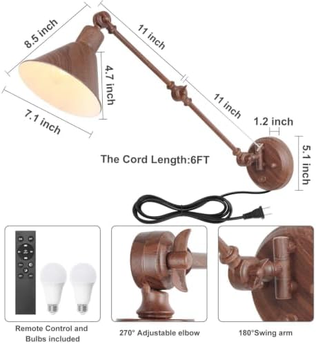 TRLIFE Dimmable Wall Sconce, Remote Control Plug in Wall Sconce Dimming 10%-100% and Adjustable Color Temperature 2700K-6000K, Swing Arm Wall Lights with Plug in Cord, UL Listed(2 Pack, Walnut Color)