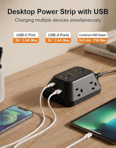 Desk Clamp Power Strip, 6 AC, 2 USB-C & 2 USB-A, 1440J, 6FT Cord