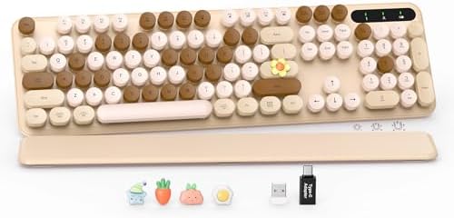 Wireless Keyboard, Round Keycaps, Retro Typewriter Keyboard with Magnetic Wrist Rest, Sleep Mode, Foldable Legs, 2.4GHz Full-Size Cordless Computer Keyboard for Windows PC, Laptop (Beige & Brown)