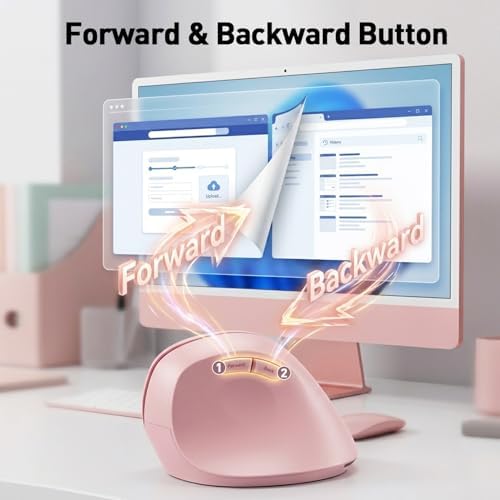 Wireless Ergonomic Mouse, Bluetooth and 2.4GHz USB-A Wireless Vertical Mouse, 800/1200/1600 Adjustable DPI, Quiet Clicks,6 Buttons, Compatible for Laptop/MacBook/PC/Desktop-Pink