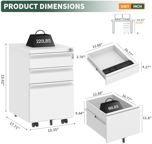 3 Drawer White File Cabinet with Lock, Rolling Under Desk Cabinet