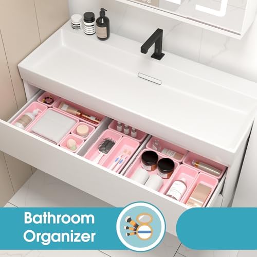 StoreHappily 10 PCS Drawer Organizer Set, 4 Size Makeup Drawer Divider Organizer With Non-Slip Pads, Interlocking Plastic Storage Bins for Office,Jewelry Vanity,Gadgets, Bathroom,Kitchen, Pink