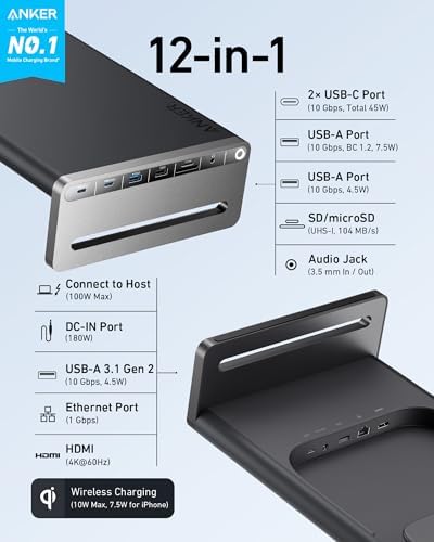 Anker 675 USB-C Docking Station, 12-in-1 Monitor Stand, Wireless Charging