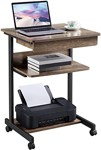 Topeakmart Rolling Computer Desk with Drawer & Keyboard Tray, Taupe Wood