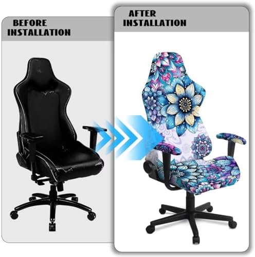 Boho Mandala Flower Print Gaming Chair Cover with Armrest Covers Stretch Non Slip Furniture Protector Washable Anti Dust Gamer Chair Slipcover