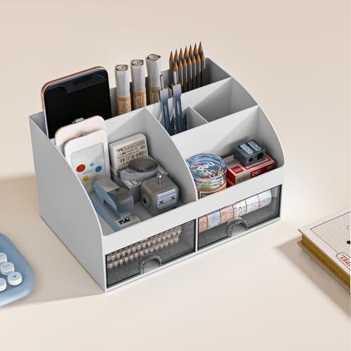 COMFYROOM Desk Organizer with 6 Compartments and 2 Drawers, Plastic Makeup Organizer, Pen Holder for Desktop Storage, Desk Organization for School, Home, Office Supplies (Grey)
