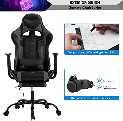 Grey Gaming Chair With Footrest, PU Leather for Adults, High Back Comfy Office Ergonomic Desk, Reclining Gamer, Height & Backrest Adjustable, 300 Lbs