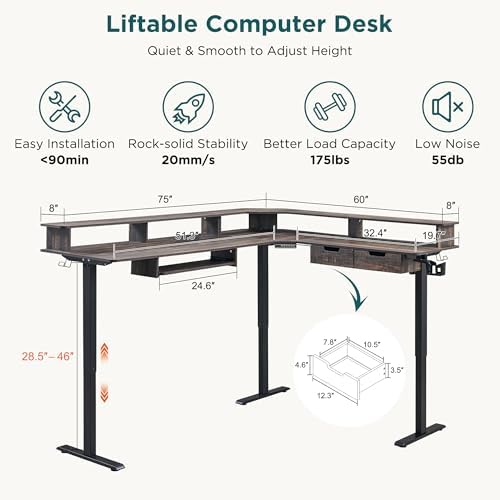 RedLemon 75x60 Inches L Shaped Electric Standing Desk, Dark Rustic Oak