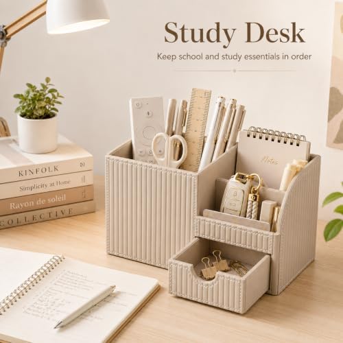 KINGFOM Luxury PU Leather Desk Organizer with Drawer, Modern Aesthetic Office Desk Accessories for Men & Women, Multi-Compartment Pen Holder & Desktop Storage Organizer for Home Office