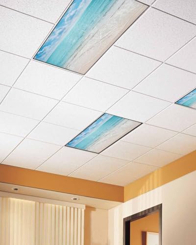 Ocean 4 Pcs Fluorescent Light Covers, Blue Sky Beach Waves Magnetic Filters Shade Panel Light Covers for Ceiling Lights Classroom Office Home Ceiling Decoration, 4 x 2 Ft