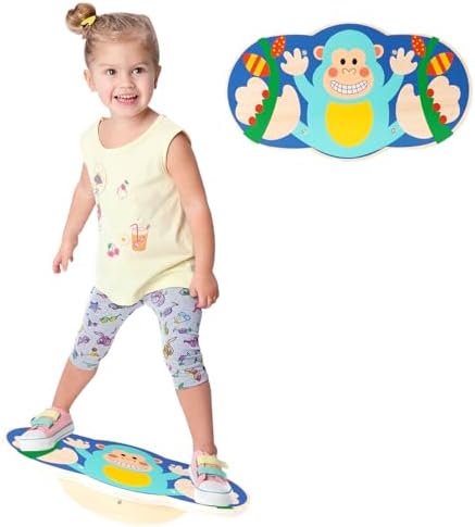Balance Board for Kids, Wooden Wobble Rocker Board for Children, Capable of Bearing 123LB, Durable for Balance Training, Core Strength and Active Play, Bright Blue Monkey Pattern