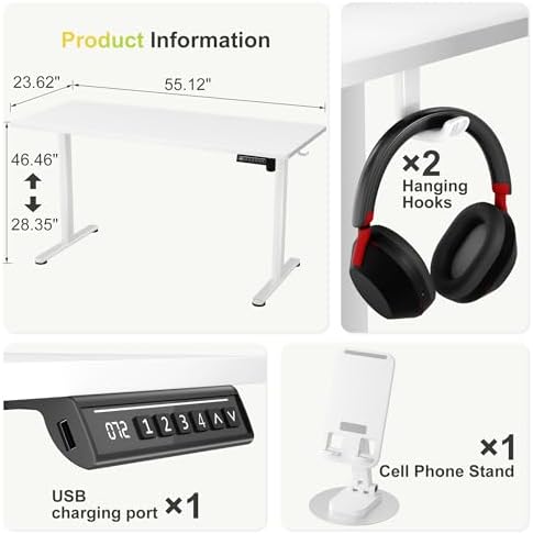 Furmax 55 Inches Electric Standing Desk, Home Office Desk with Phone Holder
