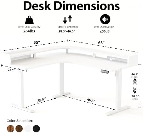 Agilestic 63 Inch L Shaped Electric Standing Desk with Shelf, White