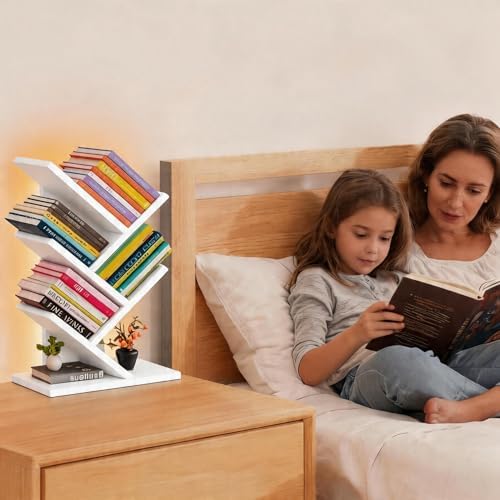Godferyxin Small Bookshelf with Liting,5-Tier Desktop White Bookshelf LED