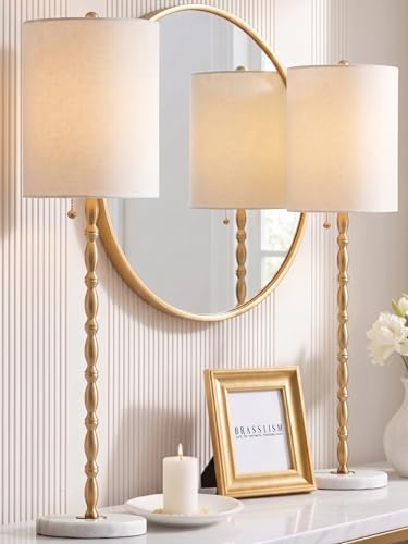 Buffet Lamps Set of 2, 28.5”H Modern Luxury Lamps with Marble Base, Brass Finish and Linen Shade, UL Certified – Elegant Lighting for a Warm Atmosphere in Entryway, Living or Dining Room