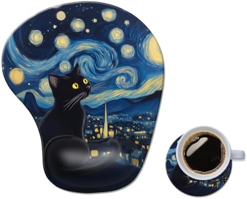 Ergonomic Mouse Pad with Wrist Rest,Comfortable Computer Gel Mouse Pad Wrist Support for Laptop,Pain Relief Mousepad with Non-Slip PU Base Starry Night Black Cat