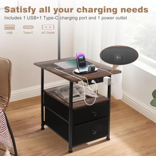 PESRAE Floor Lamp with Table & 2 Drawers, End Table with Lamp, Natural Wood