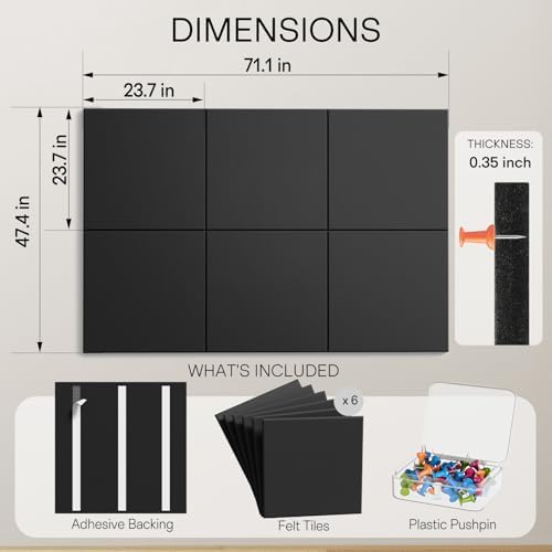 MaxGear Extra Large Bulletin Board 72" x 48", Black Felt Wall Tiles Pushpin